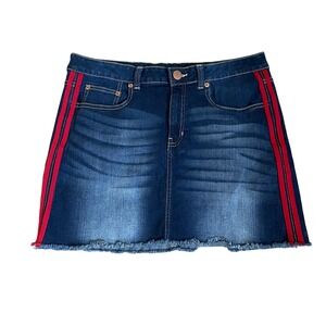 NOBO Mid Rise Denim Mini Skirt 17 Red Side Stripes Frayed Hem Early 2000s Trendy